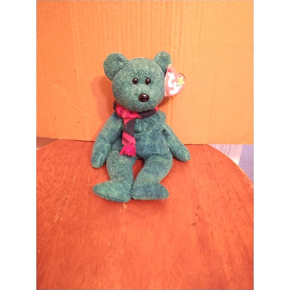 TY Beanie Babies Wallace 1999 Green Bear With Scarf Tag Plush Doll Toy 42647